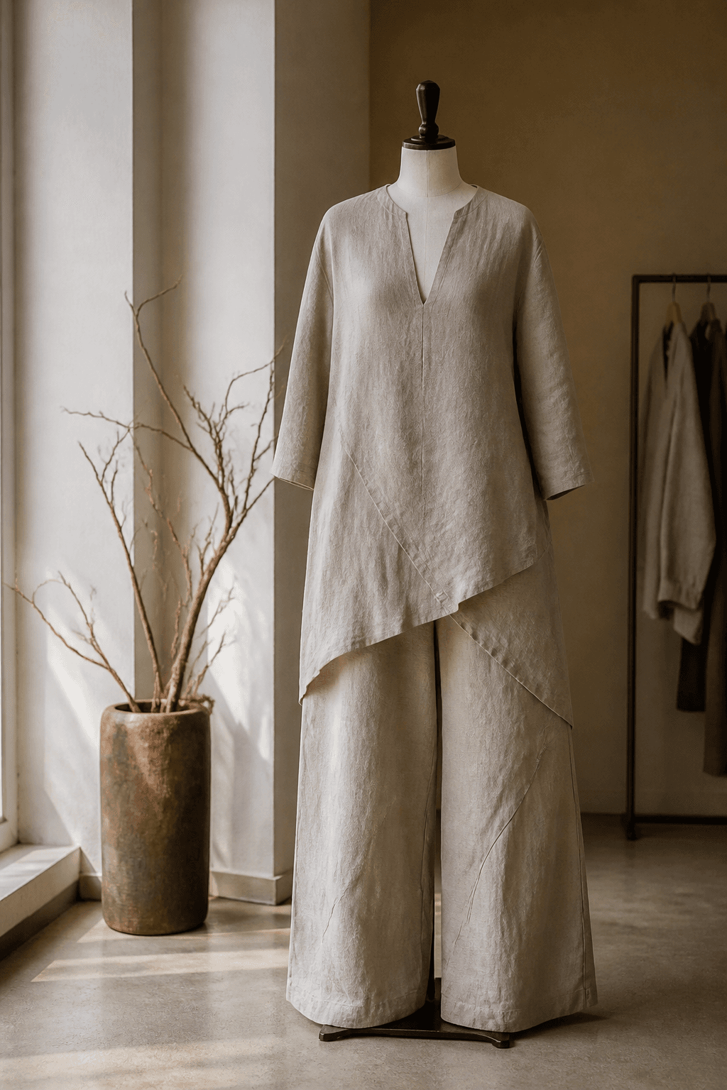 Sculpturale linnen tuniek en broek in havertonen op een paspop